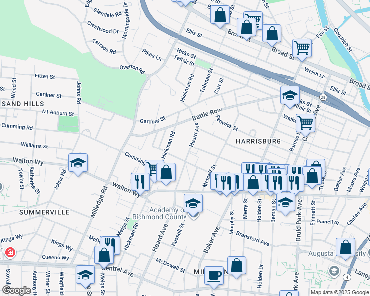 map of restaurants, bars, coffee shops, grocery stores, and more near 2089 Heckle Street in Augusta