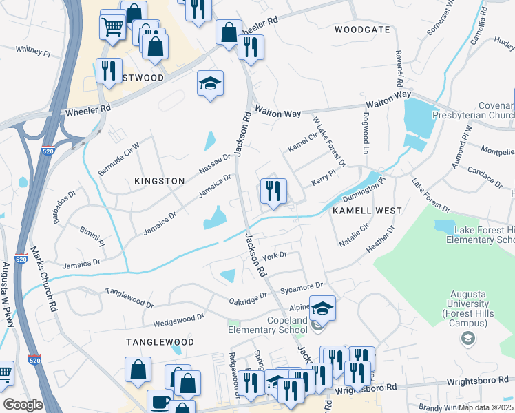 map of restaurants, bars, coffee shops, grocery stores, and more near 459 Forest Hills Drive in Augusta