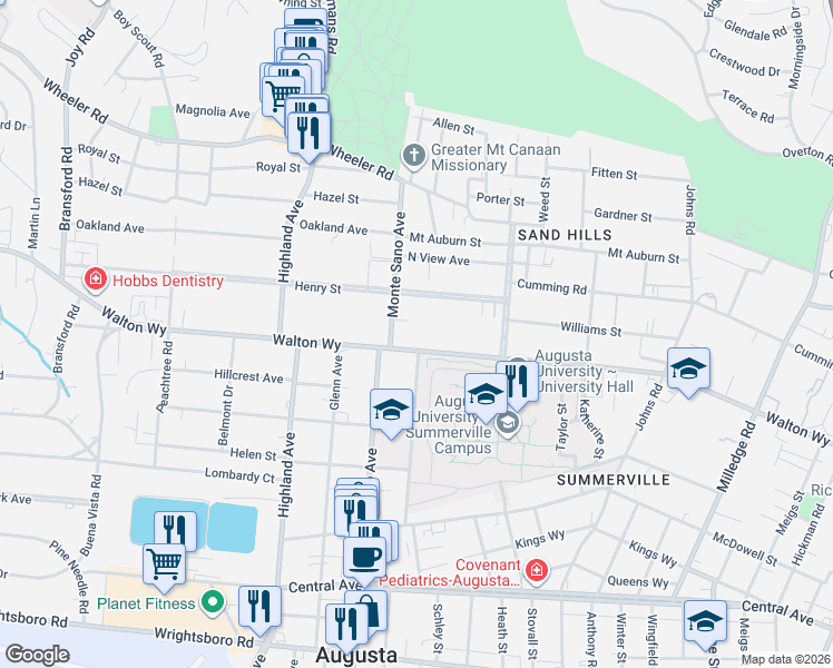 map of restaurants, bars, coffee shops, grocery stores, and more near in Augusta