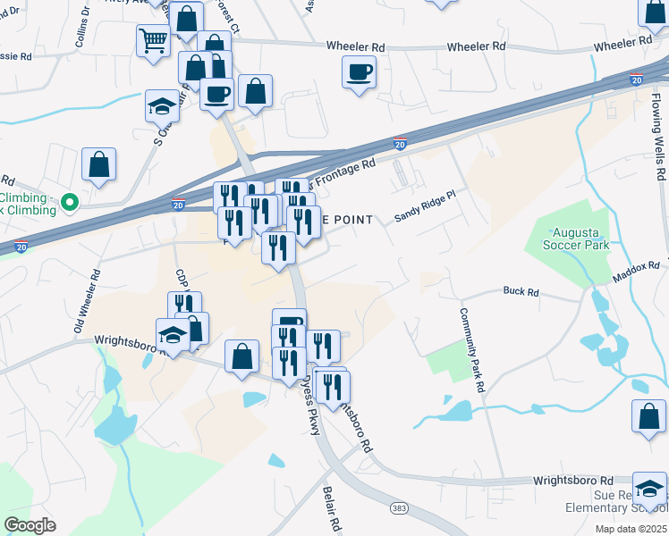map of restaurants, bars, coffee shops, grocery stores, and more near 4386-4398 West Maysfield Drive in Augusta