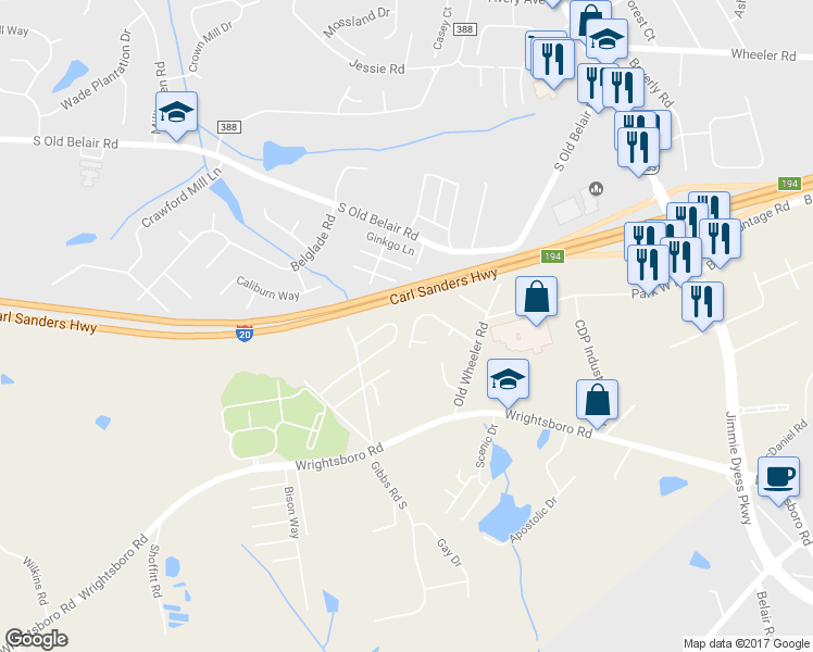 map of restaurants, bars, coffee shops, grocery stores, and more near 1829 Valley Brook Drive in Grovetown