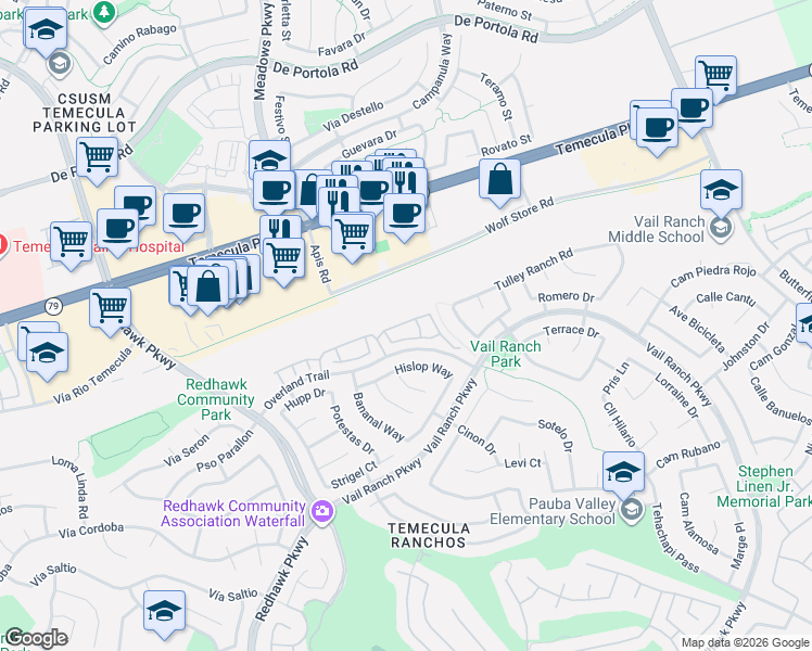 map of restaurants, bars, coffee shops, grocery stores, and more near 32661 Clearvail Drive in Temecula