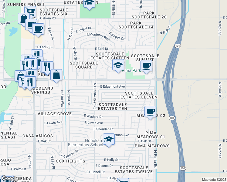 map of restaurants, bars, coffee shops, grocery stores, and more near 8512 East Roanoke Avenue in Scottsdale