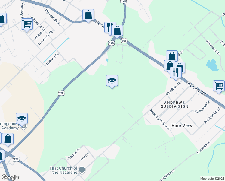 map of restaurants, bars, coffee shops, grocery stores, and more near in Orangeburg