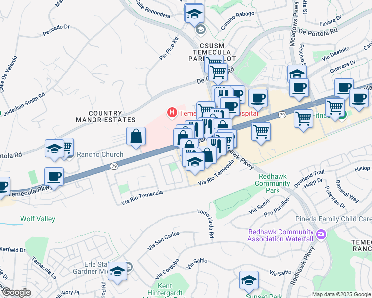 map of restaurants, bars, coffee shops, grocery stores, and more near 32085 Redhawk Parkway in Temecula