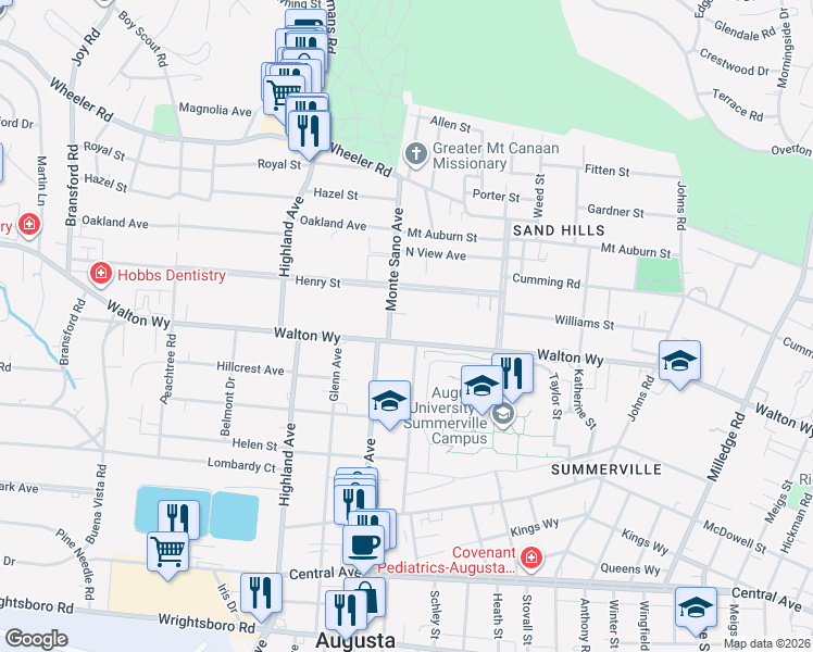 map of restaurants, bars, coffee shops, grocery stores, and more near 2549 Walton Way in Augusta