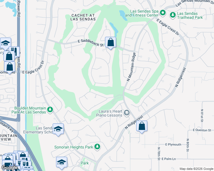 map of restaurants, bars, coffee shops, grocery stores, and more near 7363 E Red Hawk St in Mesa