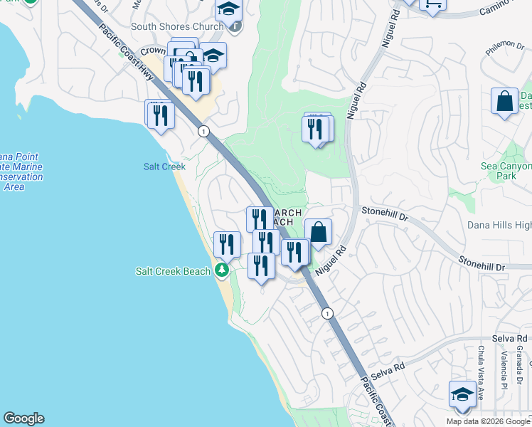 map of restaurants, bars, coffee shops, grocery stores, and more near in Dana Point