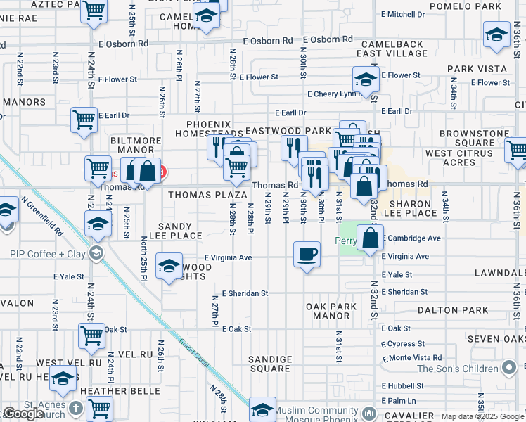 map of restaurants, bars, coffee shops, grocery stores, and more near 2645 North 28th Place in Phoenix