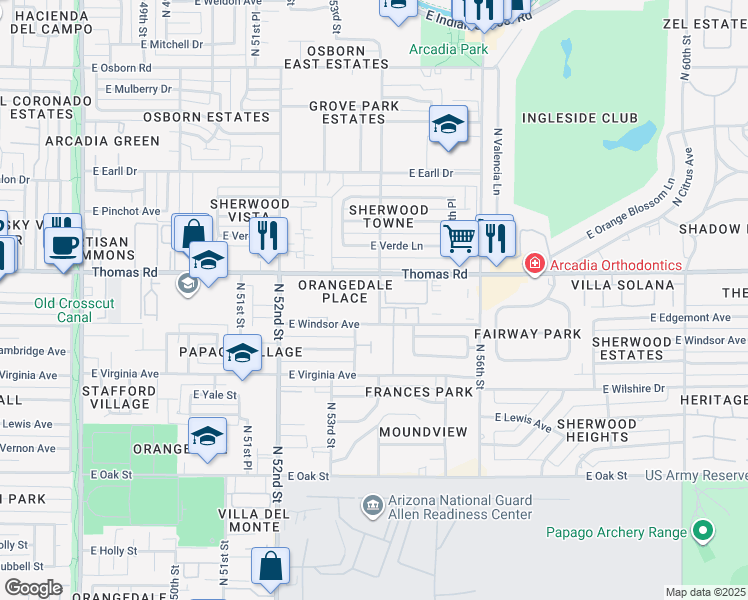 map of restaurants, bars, coffee shops, grocery stores, and more near 5333 East Thomas Road in Phoenix