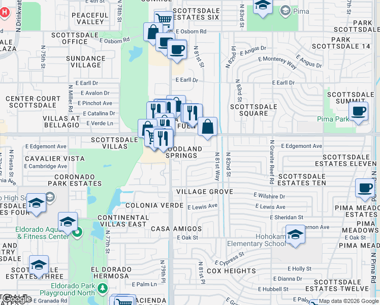 map of restaurants, bars, coffee shops, grocery stores, and more near 8028 East Windsor Avenue in Scottsdale