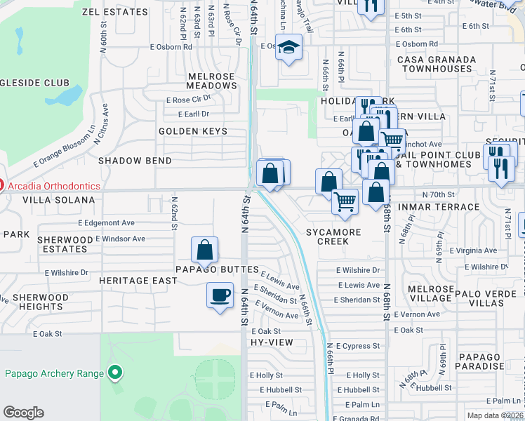 map of restaurants, bars, coffee shops, grocery stores, and more near 2737 North 66th Street in Scottsdale