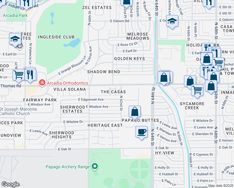 map of restaurants, bars, coffee shops, grocery stores, and more near 6140 East Edgemont Avenue in Scottsdale