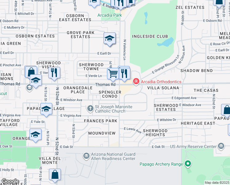 map of restaurants, bars, coffee shops, grocery stores, and more near 5525 East Thomas Road in Phoenix