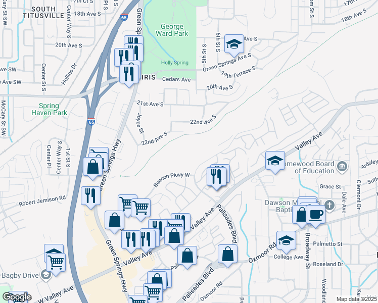 map of restaurants, bars, coffee shops, grocery stores, and more near 1000 Beacon Parkway West in Birmingham