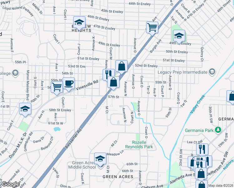 map of restaurants, bars, coffee shops, grocery stores, and more near 1323 57th Street in Birmingham