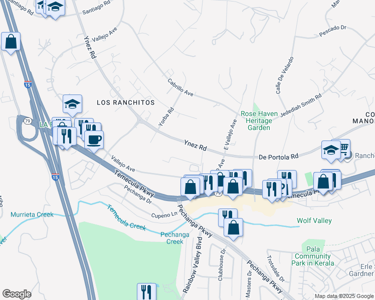 map of restaurants, bars, coffee shops, grocery stores, and more near 30195 Ynez Road in Temecula