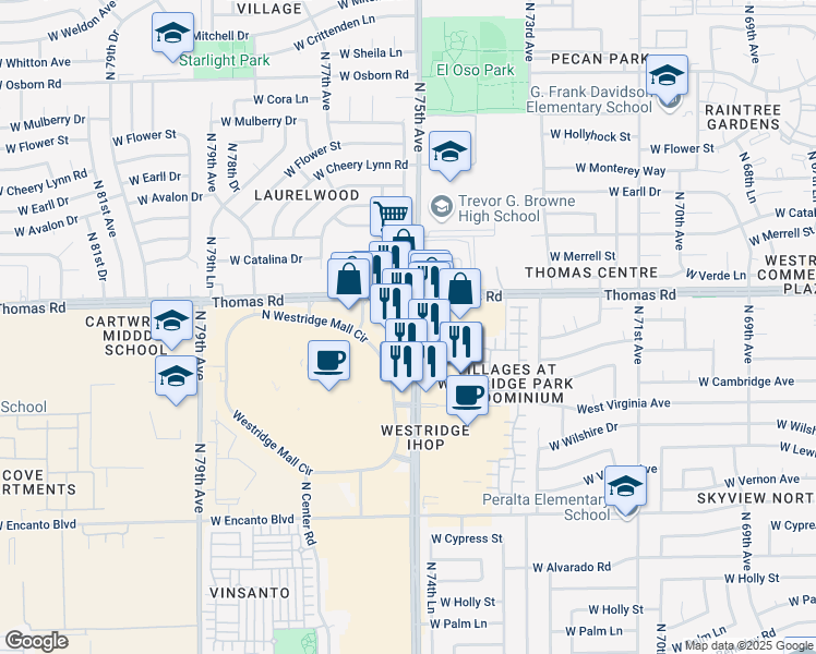 map of restaurants, bars, coffee shops, grocery stores, and more near 76th in Phoenix