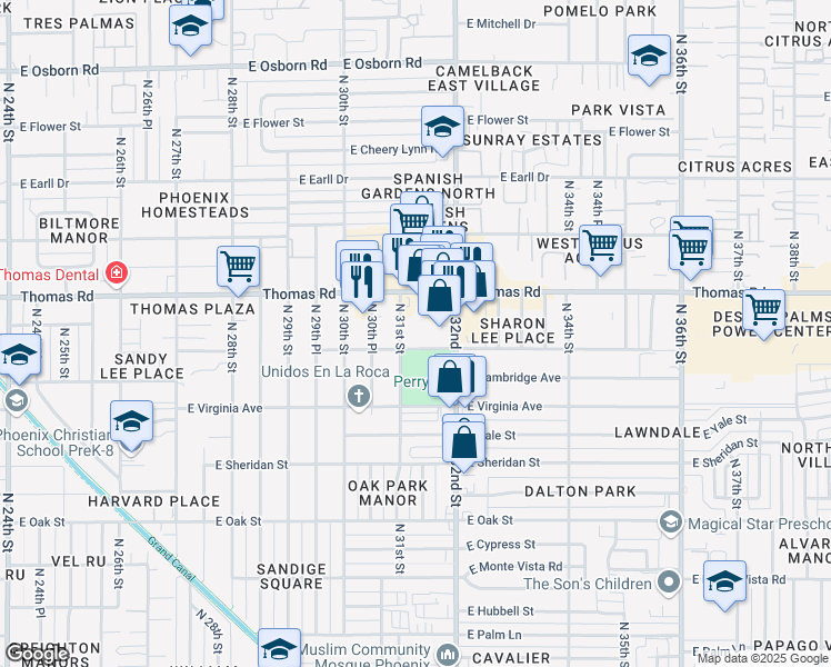 map of restaurants, bars, coffee shops, grocery stores, and more near 2801 North 31st Street in Phoenix