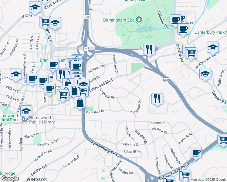 map of restaurants, bars, coffee shops, grocery stores, and more near 227 La Prado Place in Homewood
