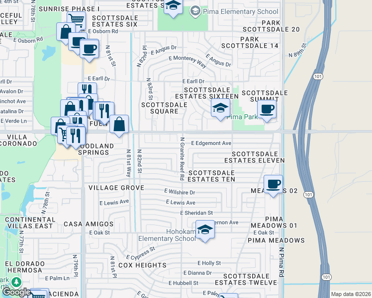 map of restaurants, bars, coffee shops, grocery stores, and more near 2809 North Granite Reef Road in Scottsdale