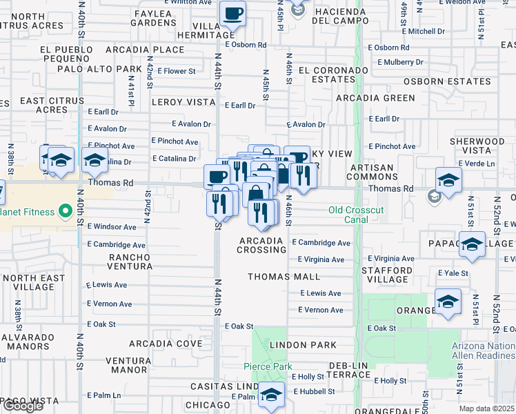 map of restaurants, bars, coffee shops, grocery stores, and more near 4515 E Thomas Rd in Phoenix