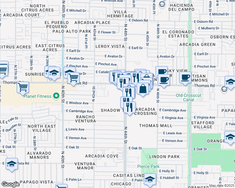 map of restaurants, bars, coffee shops, grocery stores, and more near 2702 North 44th Street in Phoenix