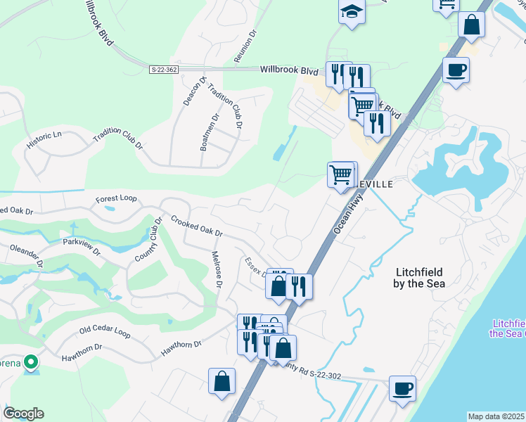 map of restaurants, bars, coffee shops, grocery stores, and more near 35 Big Oak Place in Pawleys Island