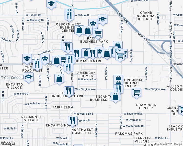 map of restaurants, bars, coffee shops, grocery stores, and more near 3320 West Roanoke Avenue in Phoenix