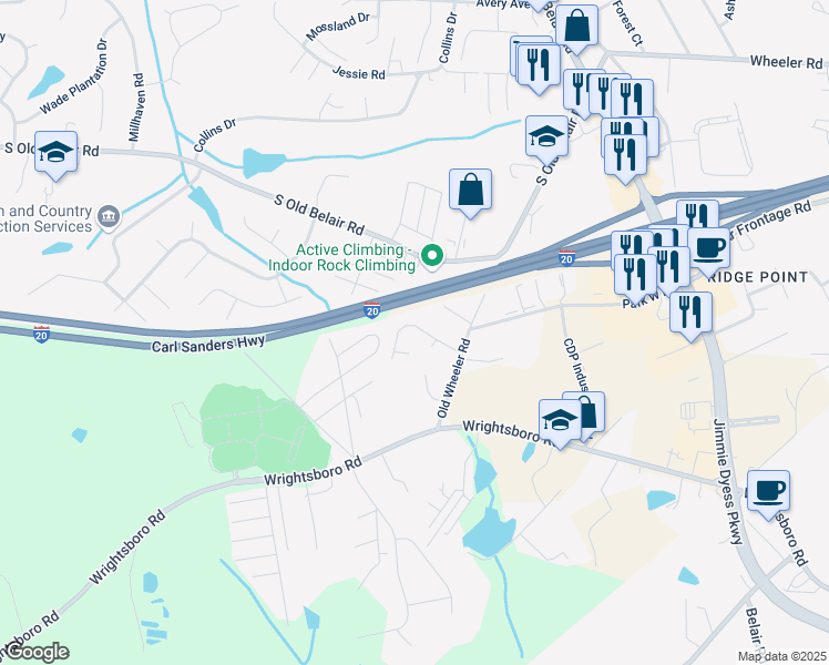 map of restaurants, bars, coffee shops, grocery stores, and more near 1830 Valleybrook Drive in Grovetown