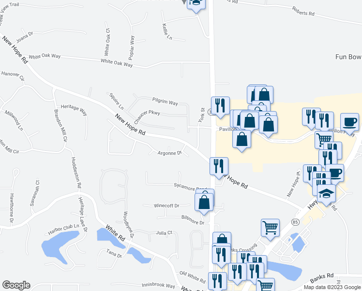 map of restaurants, bars, coffee shops, grocery stores, and more near 105 Argonne Drive in Fayetteville