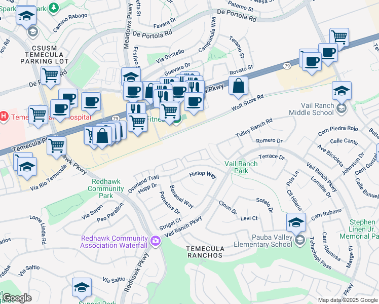 map of restaurants, bars, coffee shops, grocery stores, and more near 32650 Clearvail Drive in Temecula