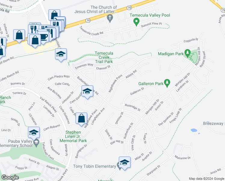 map of restaurants, bars, coffee shops, grocery stores, and more near 33626 Abbey Road in Temecula