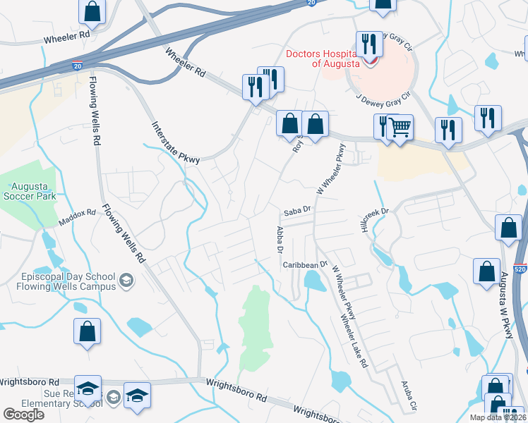 map of restaurants, bars, coffee shops, grocery stores, and more near 105 Bargeron Drive in Augusta