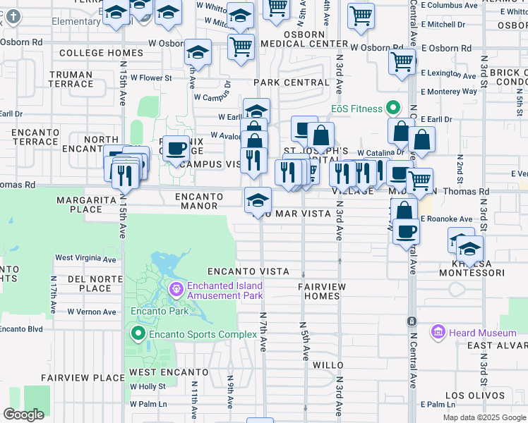 map of restaurants, bars, coffee shops, grocery stores, and more near 701 West Windsor Avenue in Phoenix
