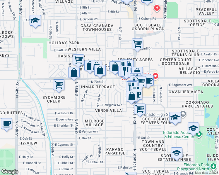 map of restaurants, bars, coffee shops, grocery stores, and more near 2810 North 70th Street in Scottsdale