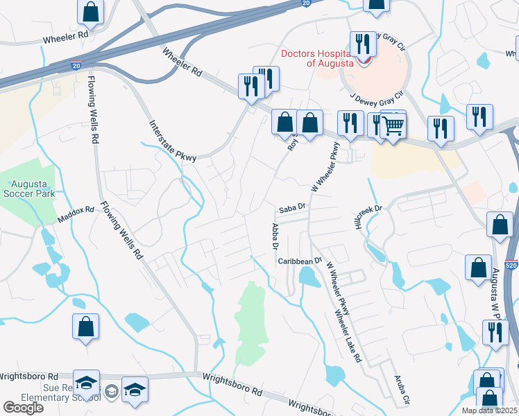 map of restaurants, bars, coffee shops, grocery stores, and more near 105 Bargeron Drive in Augusta
