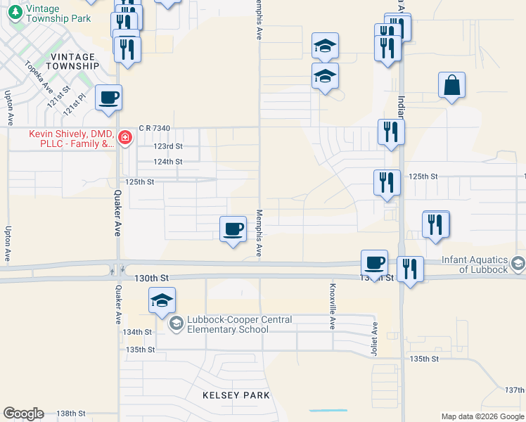 map of restaurants, bars, coffee shops, grocery stores, and more near 3814 130th Street in Lubbock