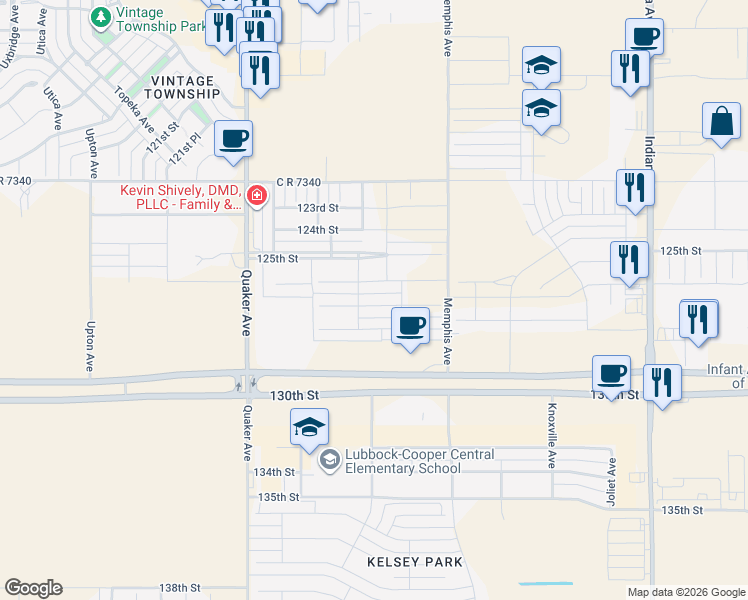 map of restaurants, bars, coffee shops, grocery stores, and more near 4002 128th Street in Lubbock