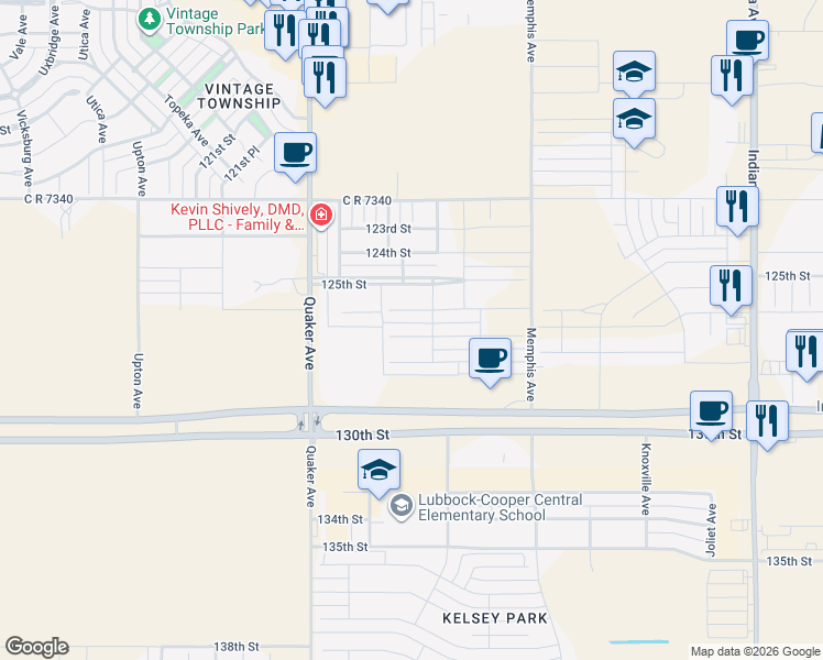 map of restaurants, bars, coffee shops, grocery stores, and more near 4006 128th Street in Lubbock