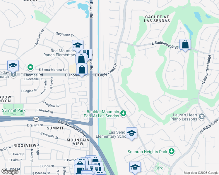 map of restaurants, bars, coffee shops, grocery stores, and more near 3435 North Sonoran Hills in Mesa