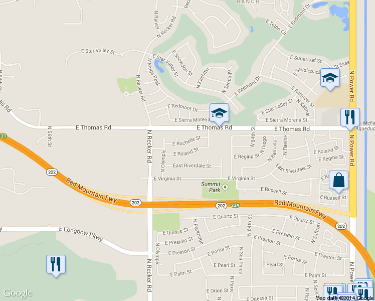 map of restaurants, bars, coffee shops, grocery stores, and more near 6160 East Riverdale Street in Mesa