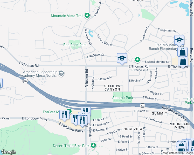 map of restaurants, bars, coffee shops, grocery stores, and more near 6104 East Riverdale Street in Mesa