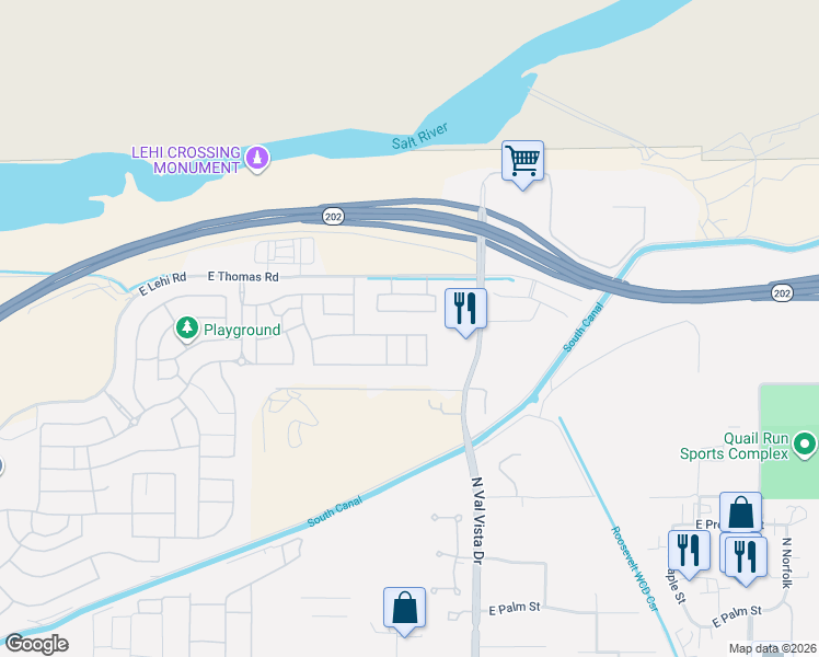 map of restaurants, bars, coffee shops, grocery stores, and more near 3446 North Mayfair in Mesa