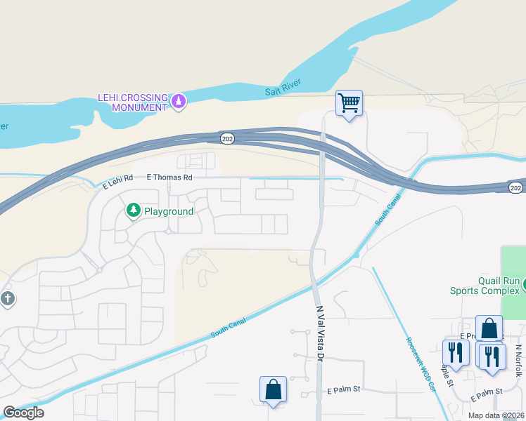 map of restaurants, bars, coffee shops, grocery stores, and more near 3446 North Mayfair in Mesa