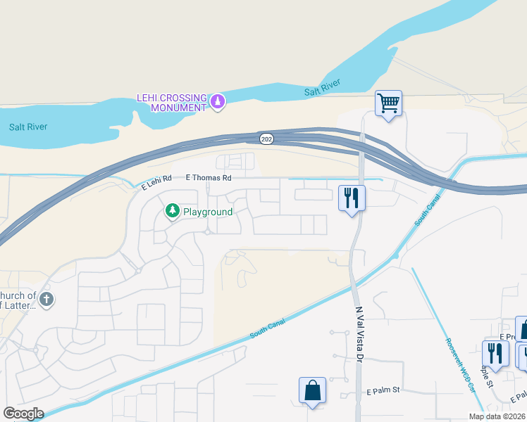 map of restaurants, bars, coffee shops, grocery stores, and more near 3319 East Riverdale Street in Mesa