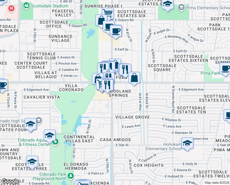 map of restaurants, bars, coffee shops, grocery stores, and more near 2700-2778 North Hayden Road in Scottsdale