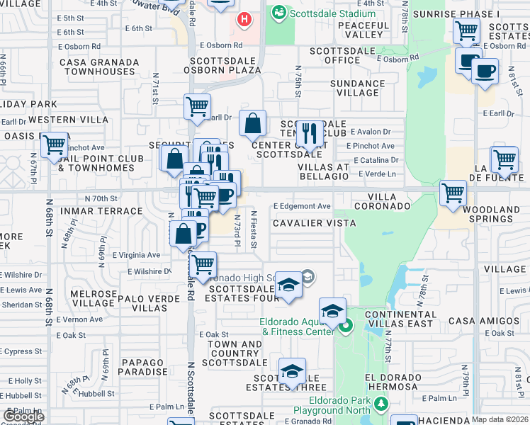 map of restaurants, bars, coffee shops, grocery stores, and more near 7402 East Cambridge Avenue in Scottsdale