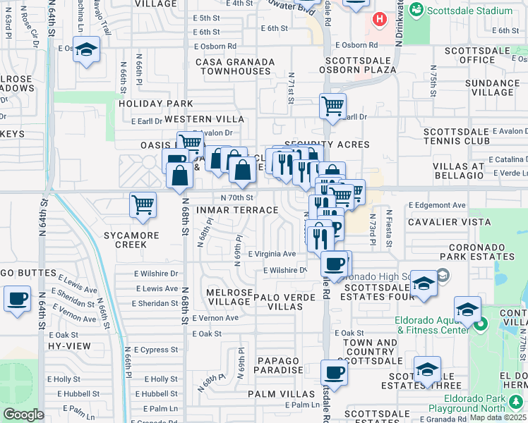 map of restaurants, bars, coffee shops, grocery stores, and more near 2810 North 70th Street in Scottsdale