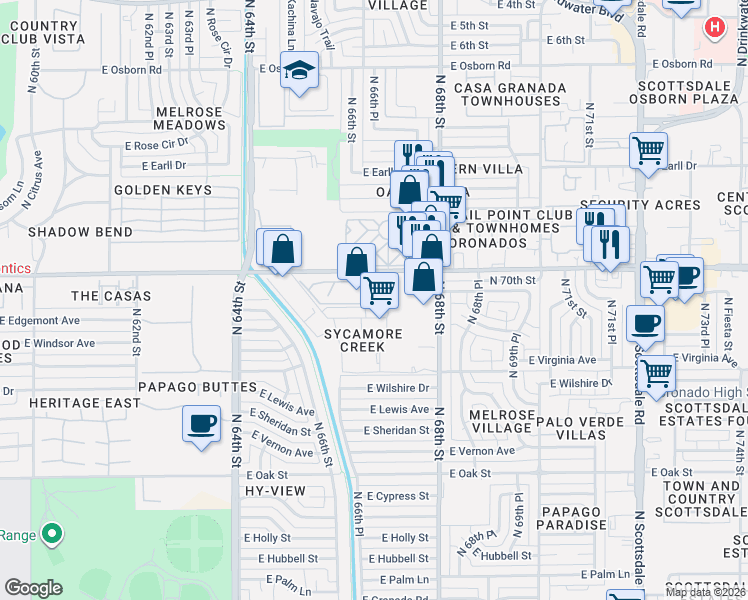 map of restaurants, bars, coffee shops, grocery stores, and more near 6599 East Thomas Road in Scottsdale